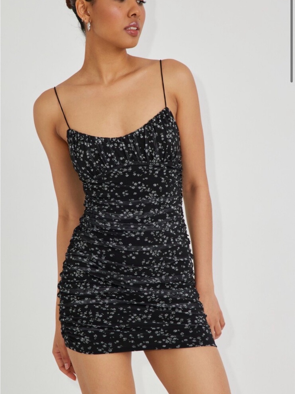 Garage Black Mini Dress with White Floral Print and Spaghetti Straps
